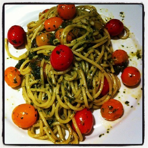 spaghetti with sungolds, anchovy, pesto, oregano (Taken with Instagram)